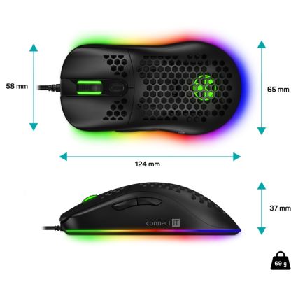 CONNECT IT CMO-5511-BK - LED RGB Przewodowa mysz gamingowa 200-12800 DPI czarny