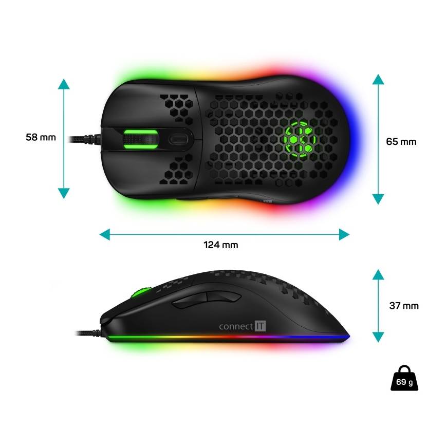 CONNECT IT CMO-5511-BK - LED RGB Przewodowa mysz gamingowa 200-12800 DPI czarny