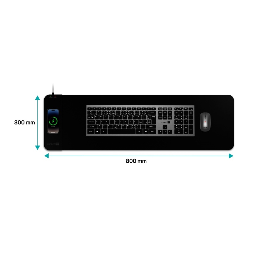 CONNECT IT CMP-2500-LG - Podkładka pod klawiaturę i mysz z Qi bezprzewodowym ładowaniem 80x30 cm czarna