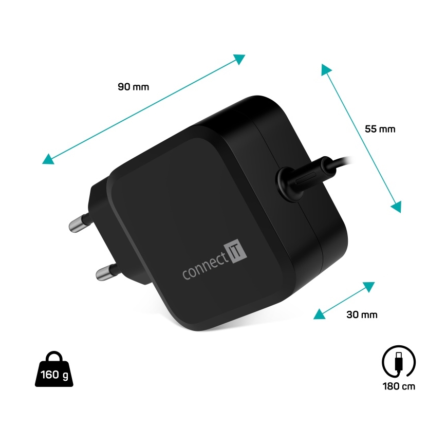 CONNECT IT CNP-1660-BK - Uniwersalny zasilacz do laptopów USB-C 67W