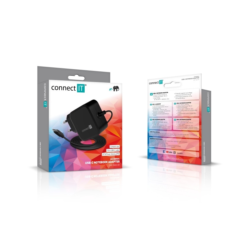 CONNECT IT CNP-1660-BK - Uniwersalny zasilacz do laptopów USB-C 67W
