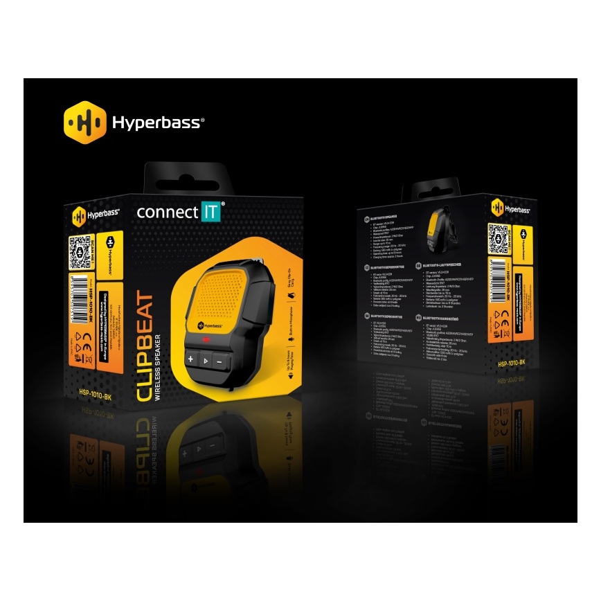 CONNECT IT HSP-1010-BK - Bezprzewodowy głośnik z mikrofonem ClipBEAT 2W/5V 560 mAh IPX7 czarny/żółty