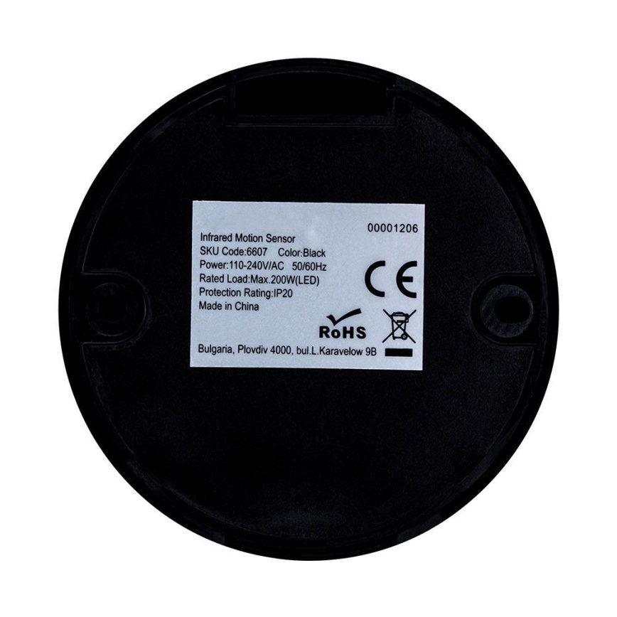 Czujnik ruchu na podczerwień 360° 200W/230V czarne
