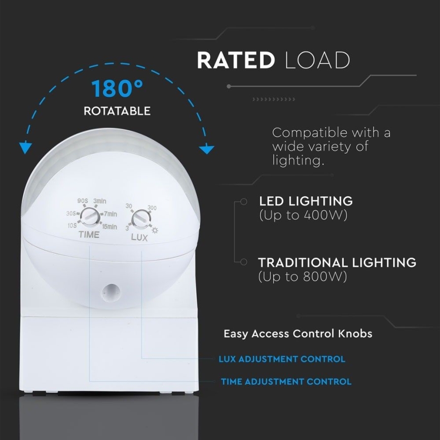 Czujnik ruchu PIR 180° 800W/230V IP44 biały