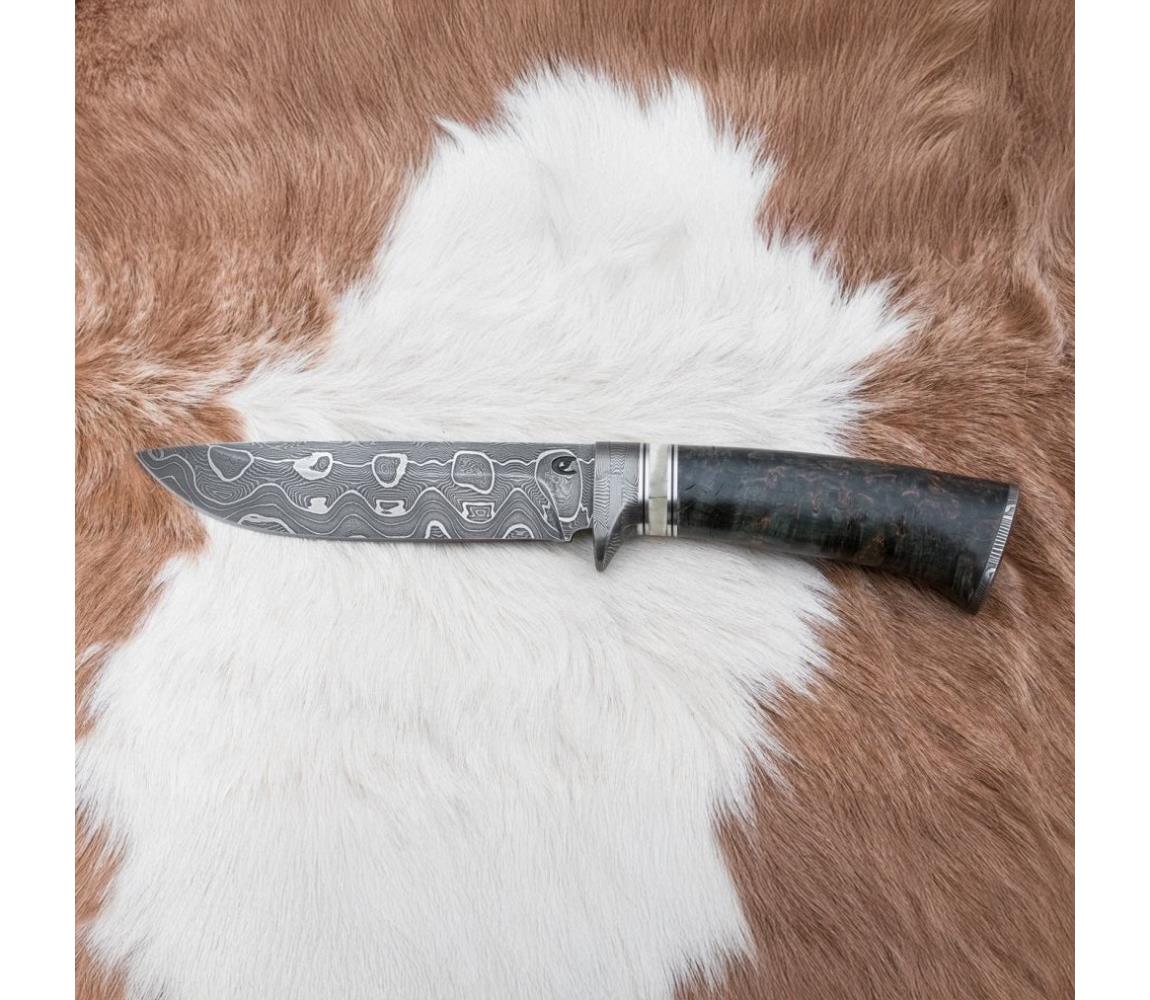 Damasceński nóż myśliwski 13,8 cm brzoza/kość wielbłądzia