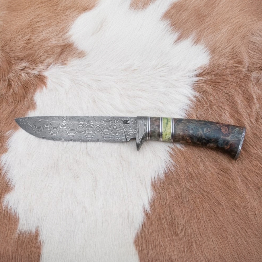 Damasceński nóż myśliwski 14,5 cm olcha/serpentynit