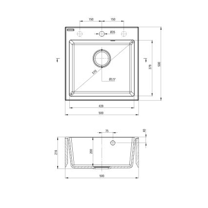 Deante ZQJNN103 - Zlew kuchenny EVORA 50x50 cm + Bateria zlewozmywakowa z elastycznym uchwytem granit/czarny