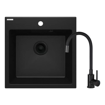 Deante ZQJNN103 - Zlew kuchenny EVORA 50x50 cm + Bateria zlewozmywakowa z elastycznym uchwytem granit/czarny