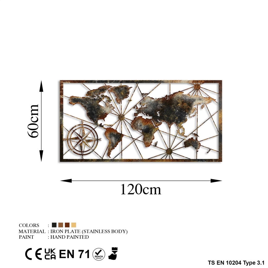 Dekoracja ścienna 120x60 cm mapa świata metal