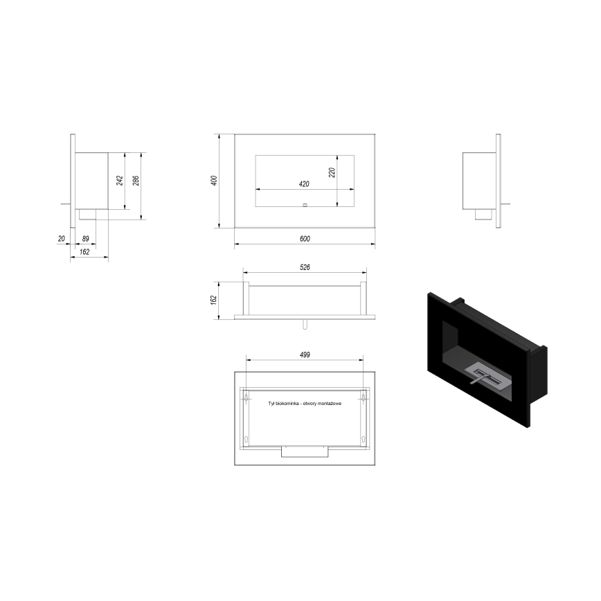 Kratki - Wbudowany kominek BIO 40x60 cm 2kW czarny