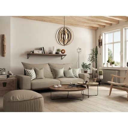 Drewniana lampa wisząca na lince 1xE27/60W/230V średnica 50 cm lite drewno/fornir/kauczukowiec