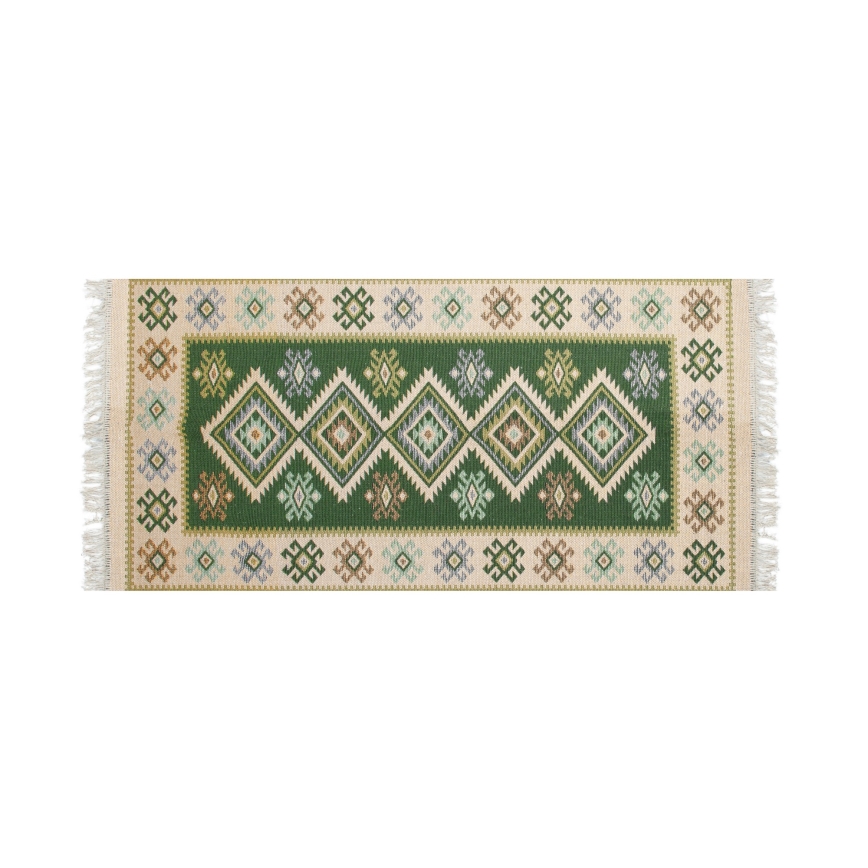 Dwustronny orientalny dywan KILIM 80 x 150 cm zielony/beżowy