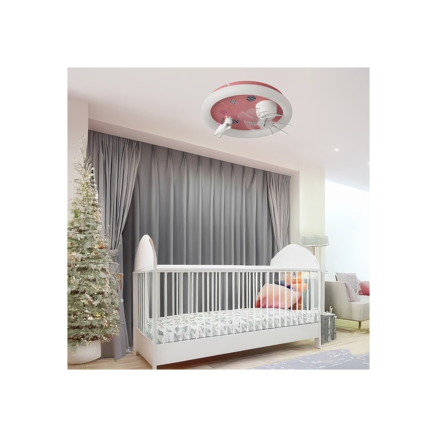 LED ściemnialna lampa sufitowa dla dzieci z wentylatorem, 48W/230V, 3000/4000/6000K, różowa + pilot zdalnego sterowania