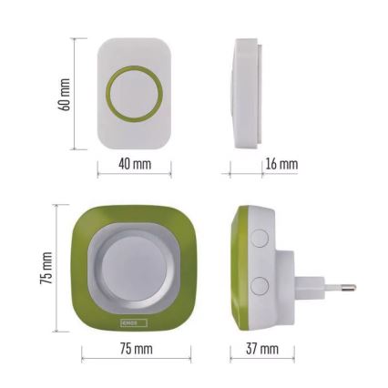 Dzwonek bezprzewodowy do kontaktu 230V + 1xCR2032 IP44 zielony