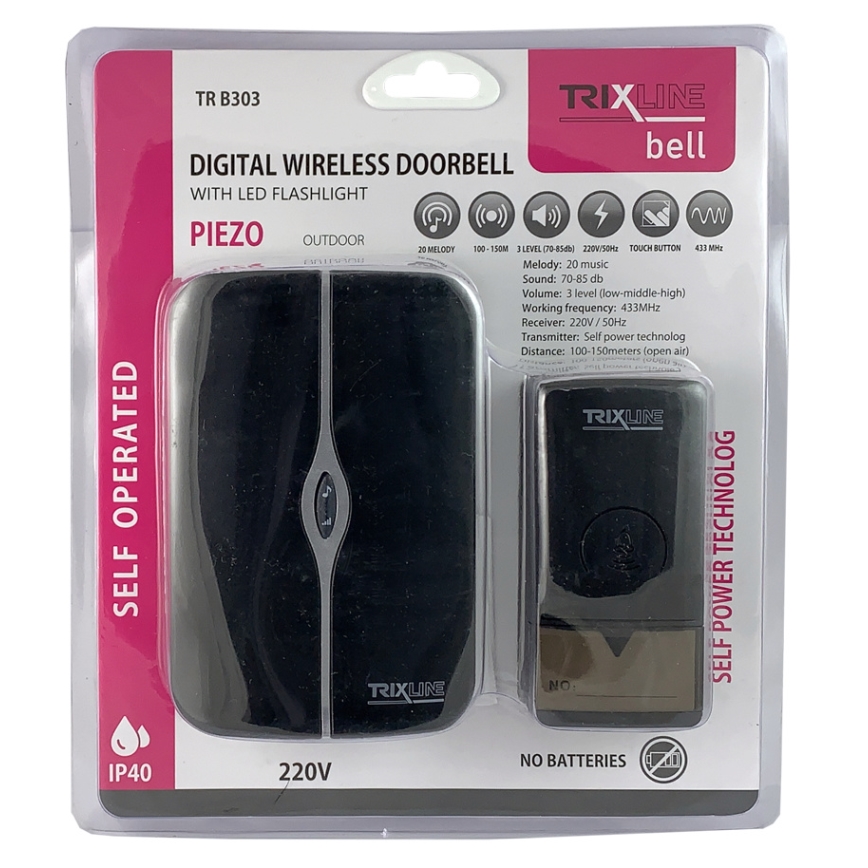 Dzwonek bezprzewodowy do kontaktu PIEZO BELL 230V + 1x23A IP40 czarny