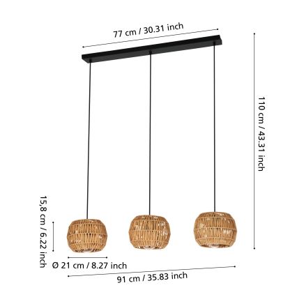 Eglo - Lampa wisząca na lince 3xE27/40W/230V brązowa