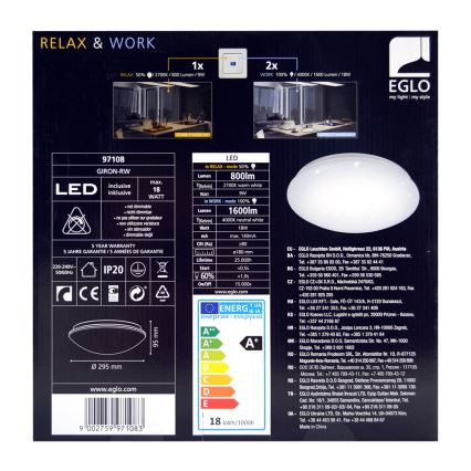 Eglo 97108 - LED Plafon GIRON-RW 1xLED/18W/230V 2700K-4000K