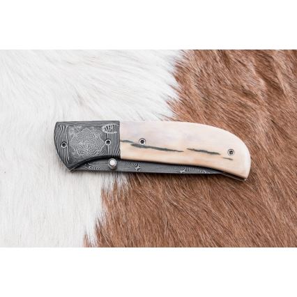 Ekskluzywny składany nóż damasceński 8,6 cm mamuci kieł