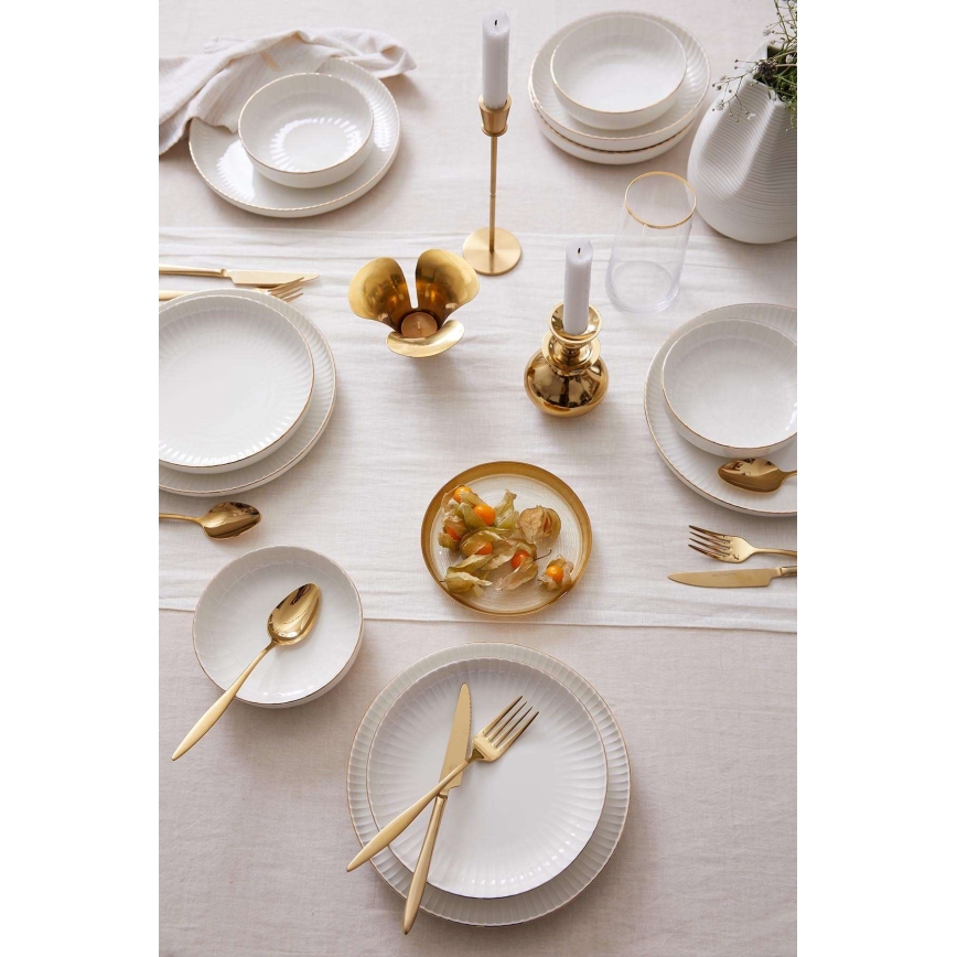 Elegancki 18-częściowy zestaw obiadowy, biały z elementami złota, porcelana