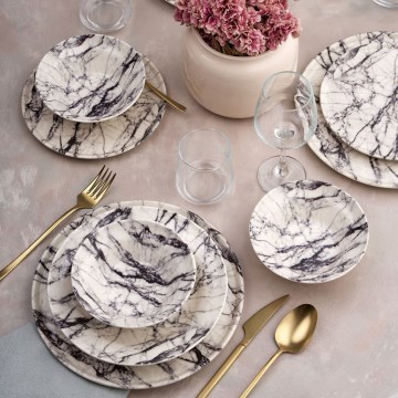 Elegancki 24-elementowy zestaw obiadowy — biały/czarny, ceramiczny