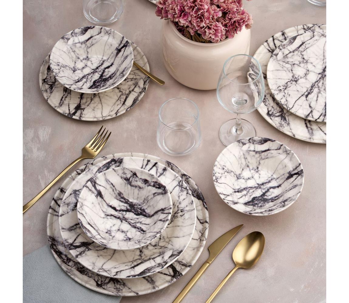 Elegancki 24-elementowy zestaw obiadowy — biały/czarny, ceramiczny