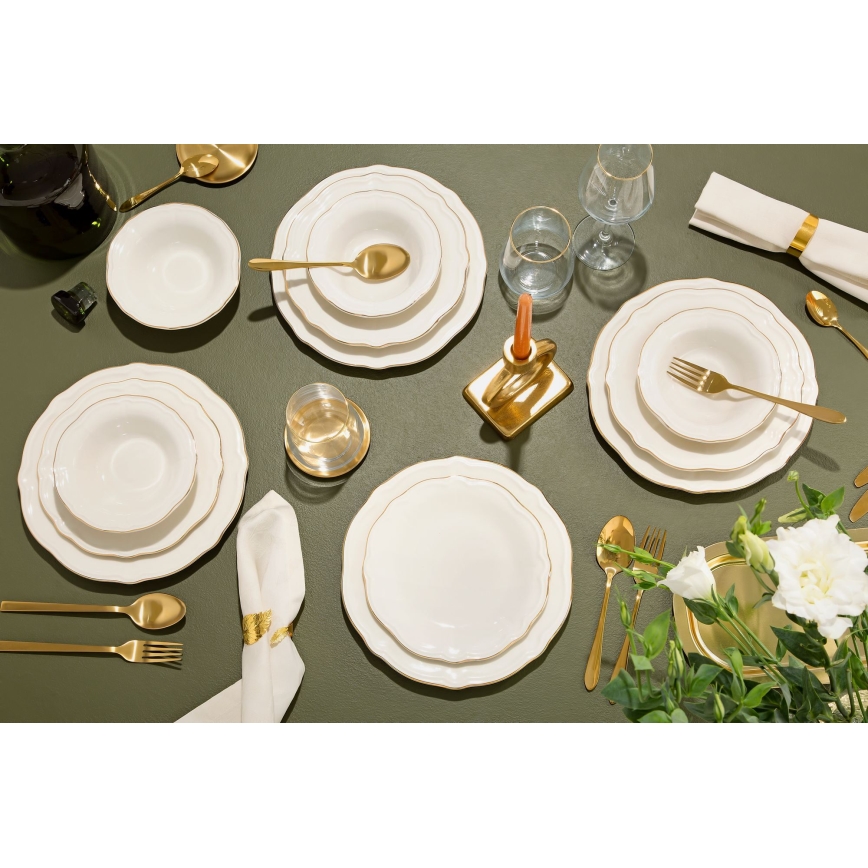 Elegancki 24‑częściowy zestaw obiadowy, biały ze złotym wykończeniem, porcelana