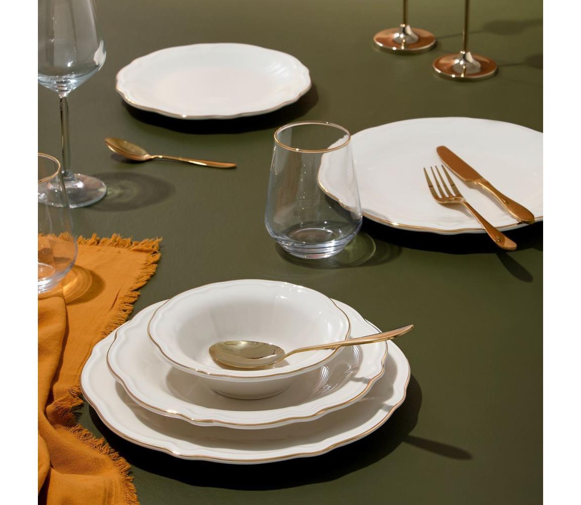 Elegancki 24‑częściowy zestaw obiadowy, biały ze złotym wykończeniem, porcelana