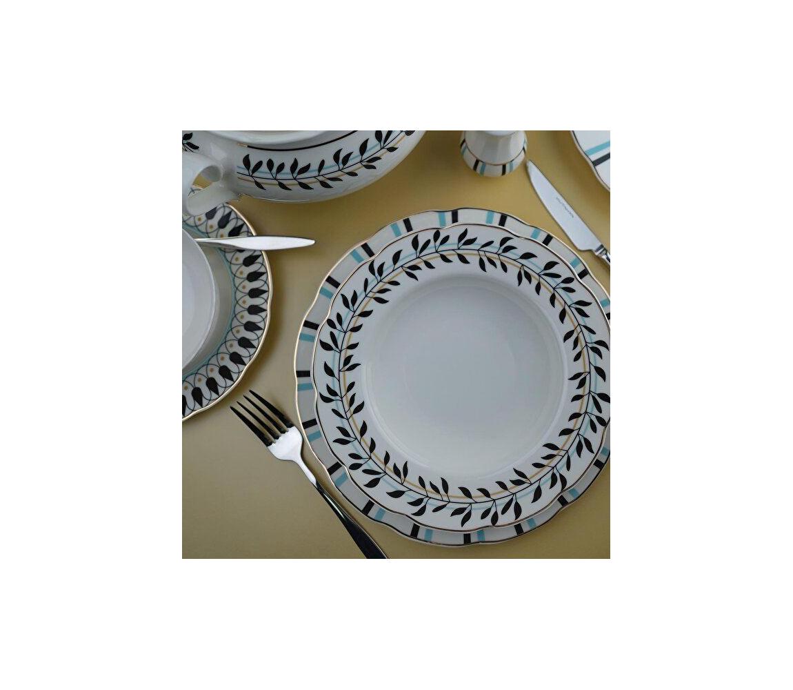 Elegancki zestaw obiadowy 26 elementów z porcelany — dostępny w kolorach: biały, niebieski, czarny.