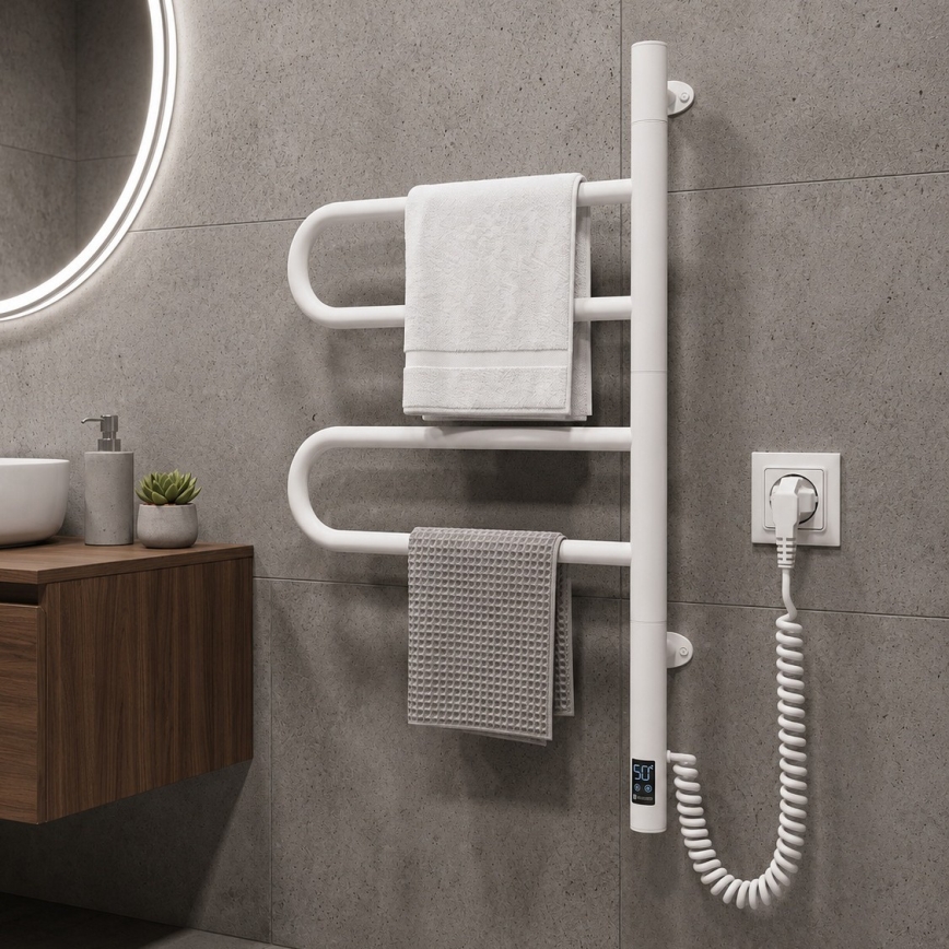Elektryczna obrotowa suszarka na ręczniki z termostatem FOUETTE 60W 65x49 cm biała