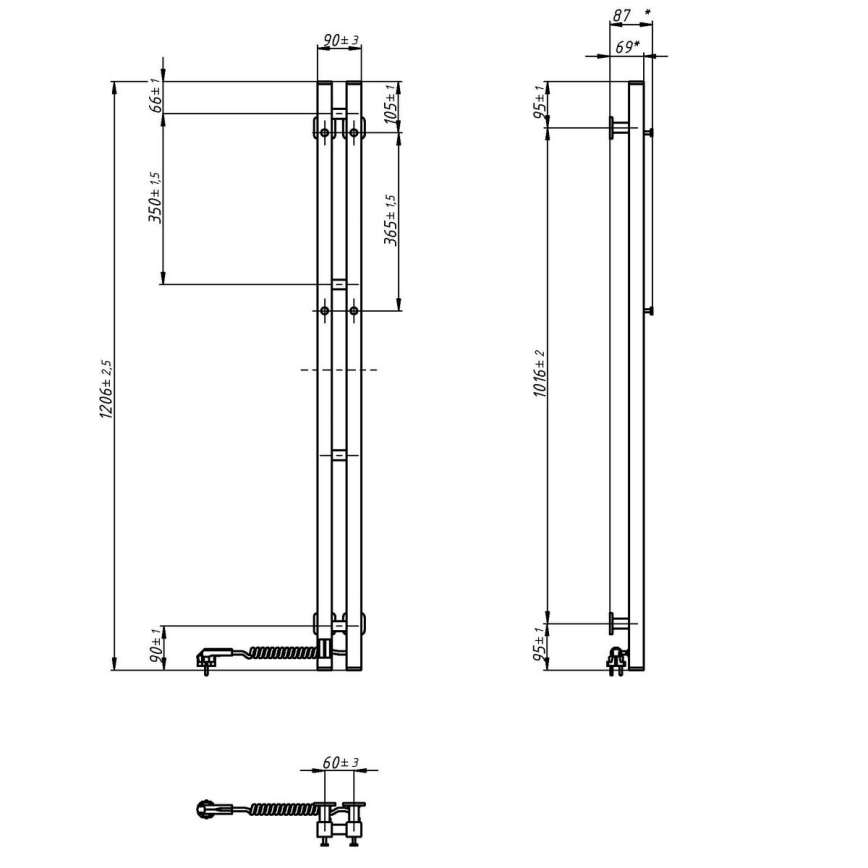 Elektryczna suszarka do ręczników z termostatem SILOUETTE 187W/230V 120,6 cm IP44 czarny prawy kanciasty