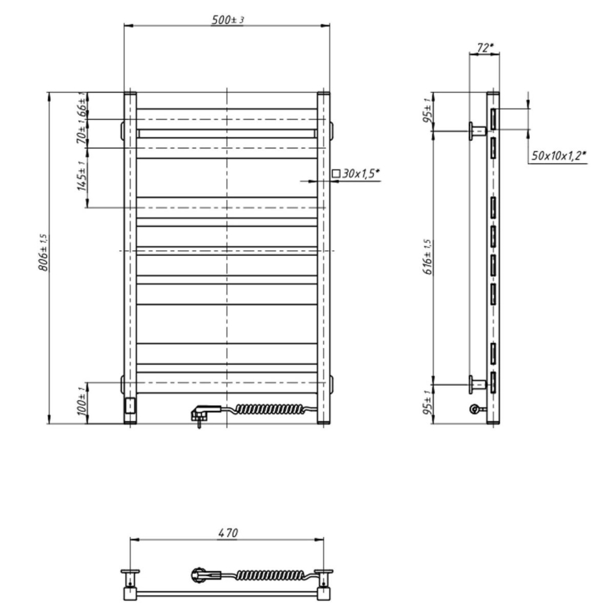 Elektryczna suszarka do ręczników z termostatem LARGO 168 W 80x50 cm czarna prawa