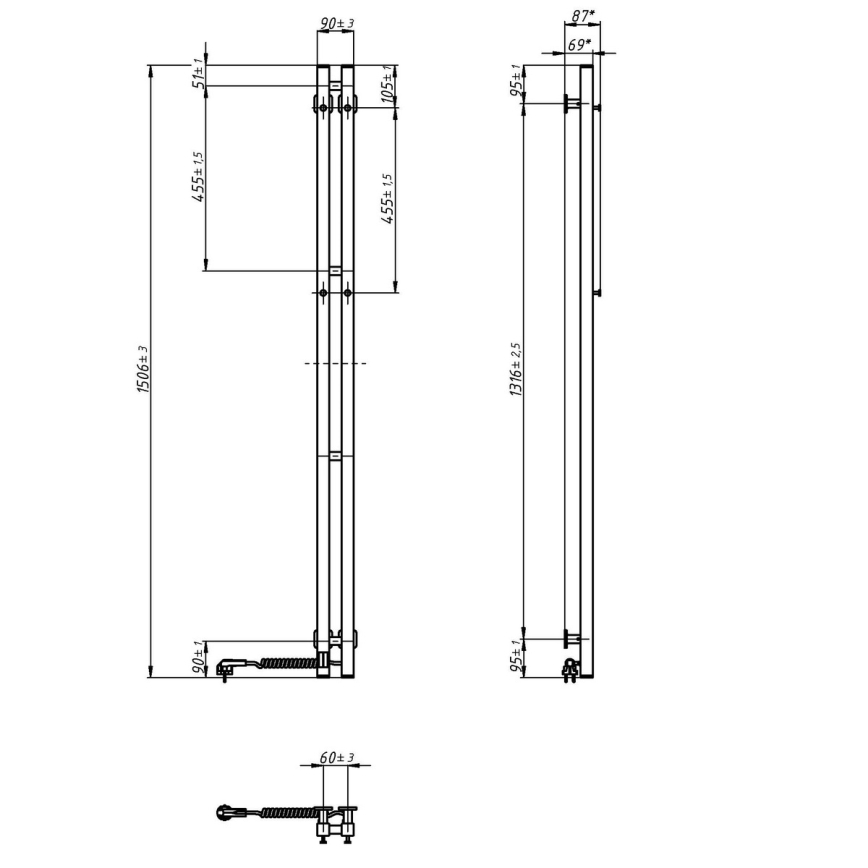 Elektryczna suszarka do ręczników z termostatem SILOUETTE 106W 150x9 cm  czarna prawostronna