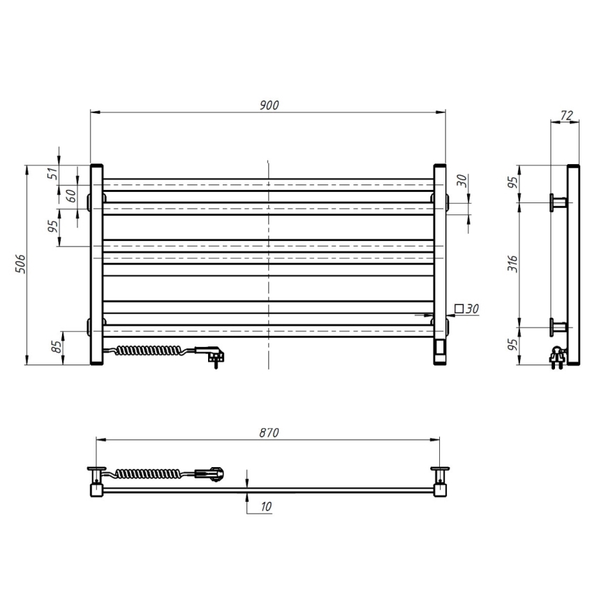 Elektryczny grzejnik na ręczniki z termostatem AVANGARD 181W 50x90 cm czarny lewy