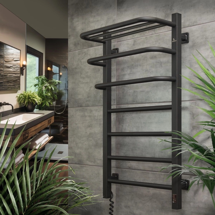 Elektryczny suszacz do ręczników z termostatem FORTIS 155W 80x48 cm czarny, prawy