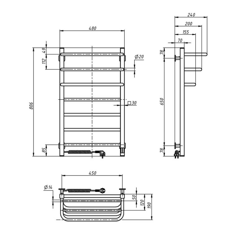 Elektryczny suszacz do ręczników z termostatem FORTIS 155W 80x48 cm czarny, prawy