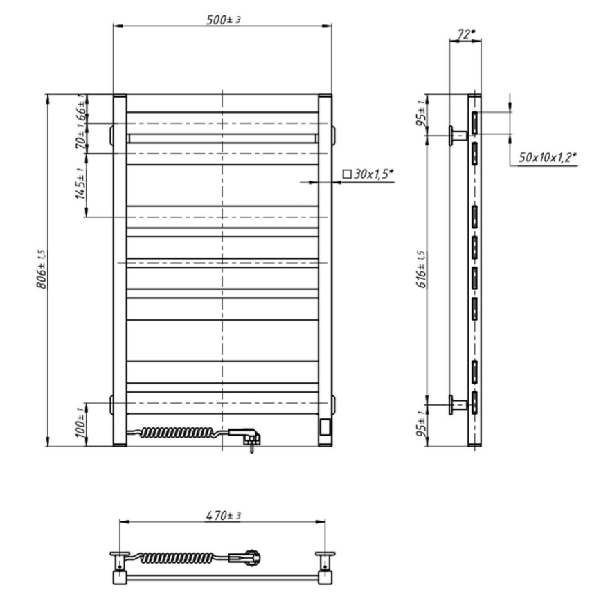 Elektryczny suszacz do ręczników z termostatem LARGO 168W 80x50 cm czarny lewy