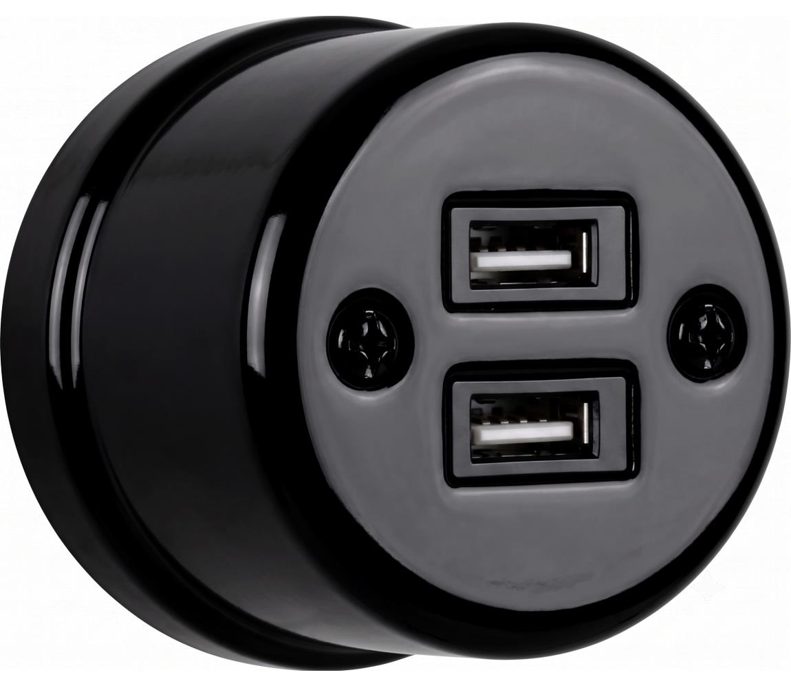 Elhard - Ceramiczne retro gniazdko 2x USB-A czarne