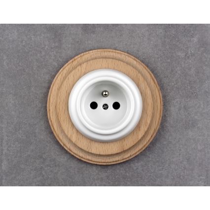 Elhard - Ceramiczne retro gniazdko domowe z ramką 230V, białe/jasne drewno