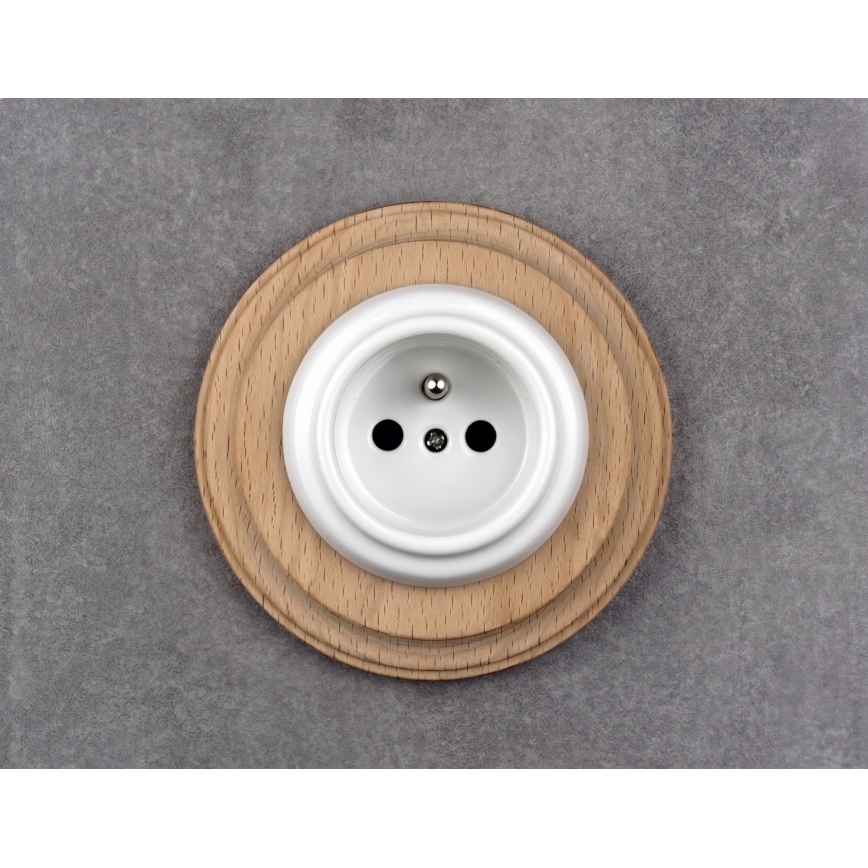 Elhard - Ceramiczne retro gniazdko domowe z ramką 230V, białe/jasne drewno