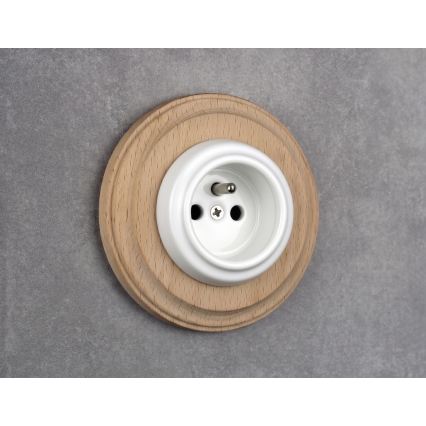 Elhard - Ceramiczne retro gniazdko domowe z ramką 230V, białe/jasne drewno