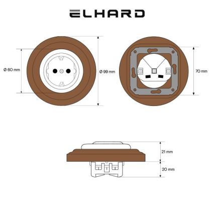 Elhard - Ceramiczne retro gniazdko domowe z ramką SCHUKO 230V czarne/ciemne drewno