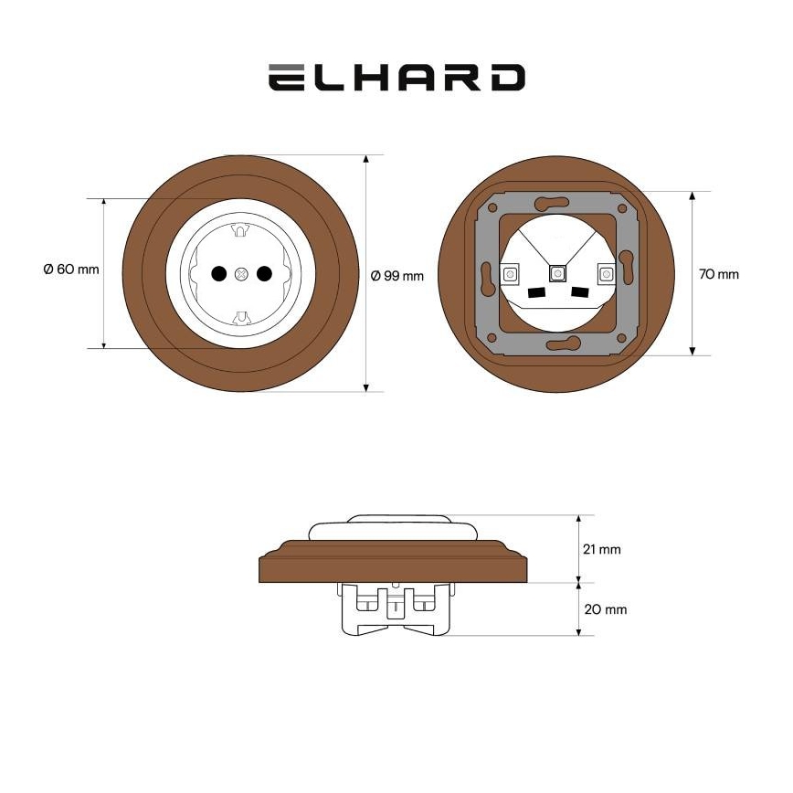 Elhard - Ceramiczne retro gniazdko domowe z ramką SCHUKO 230V czarne/ciemne drewno