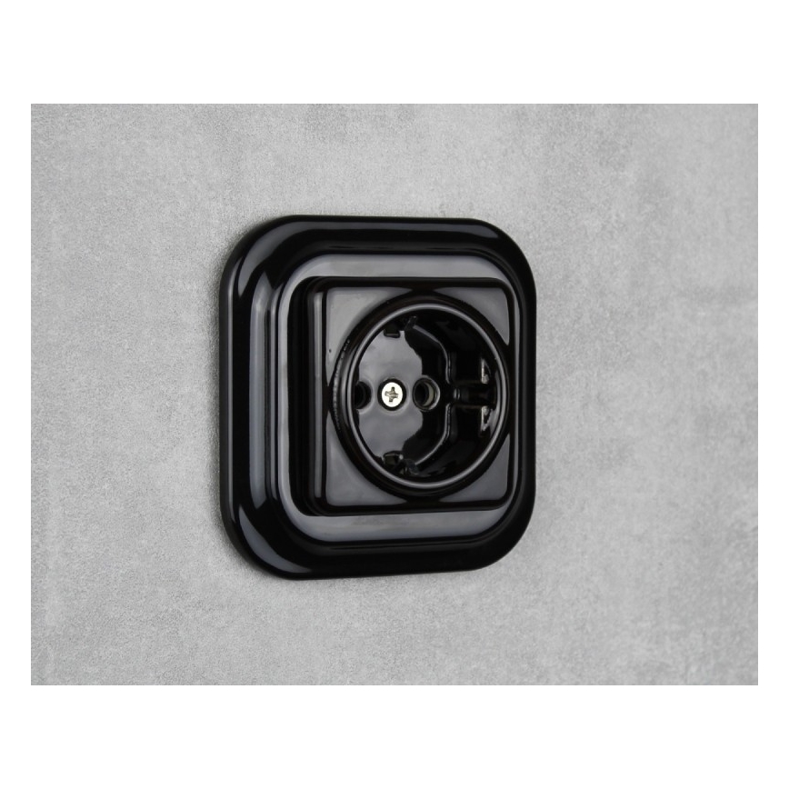 Elhard - Ceramiczne retro gniazdko domowe z ramką SCHUKO 230V czarne