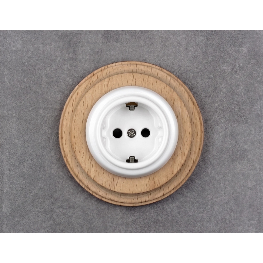 Elhard - Retro gniazdko ceramiczne do domu z ramką SCHUKO 230V biały/jasne drewno