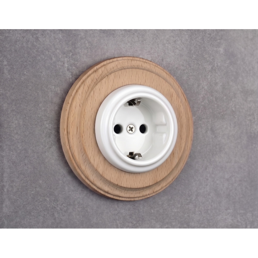 Elhard - Retro gniazdko ceramiczne do domu z ramką SCHUKO 230V biały/jasne drewno