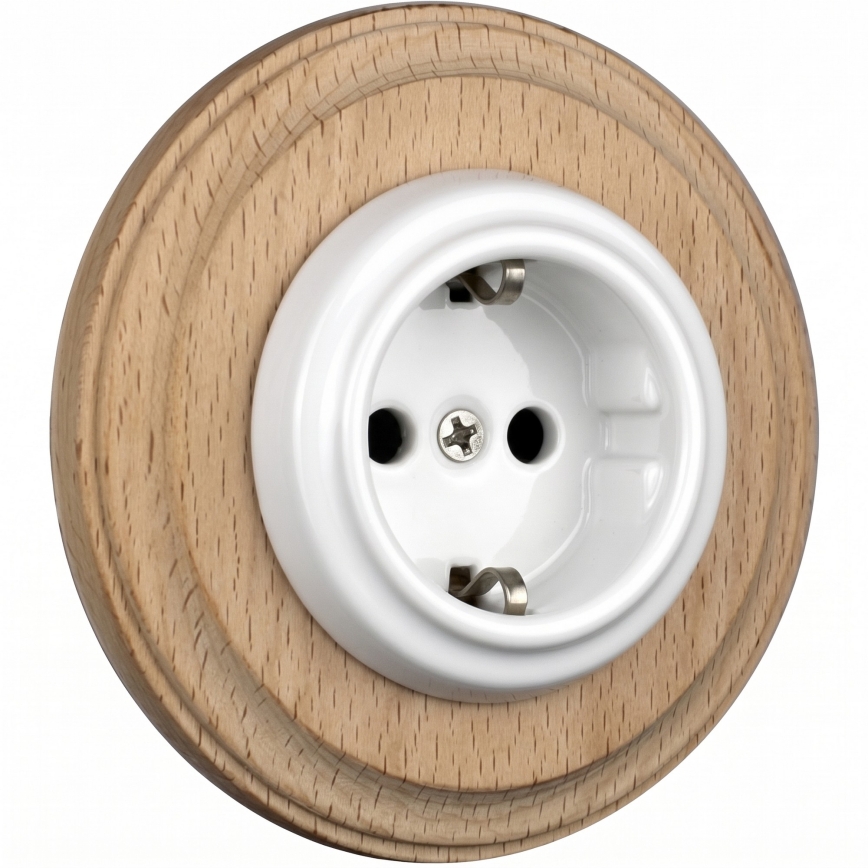 Elhard - Retro gniazdko ceramiczne do domu z ramką SCHUKO 230V biały/jasne drewno