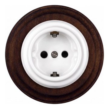 Elhard - Ceramiczne retro gniazdo domowe z ramką SCHUKO 230V biały/ciemne drewno
