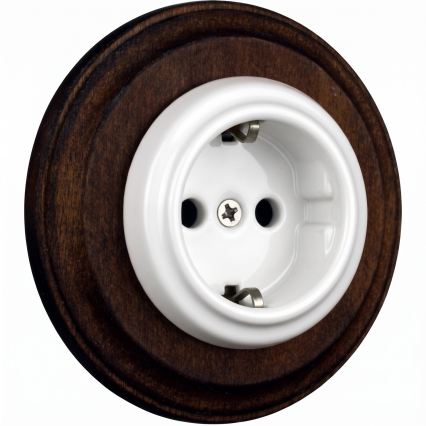 Elhard - Ceramiczne retro gniazdo domowe z ramką SCHUKO 230V biały/ciemne drewno