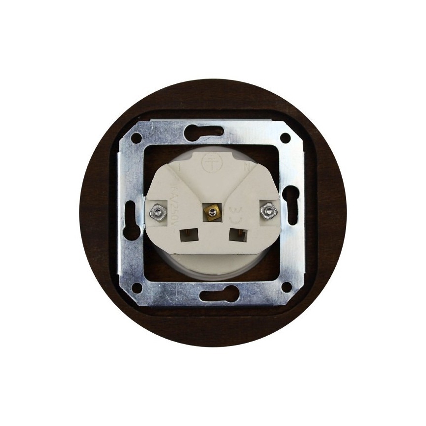 Elhard - Ceramiczne retro gniazdo domowe z ramką SCHUKO 230V biały/ciemne drewno