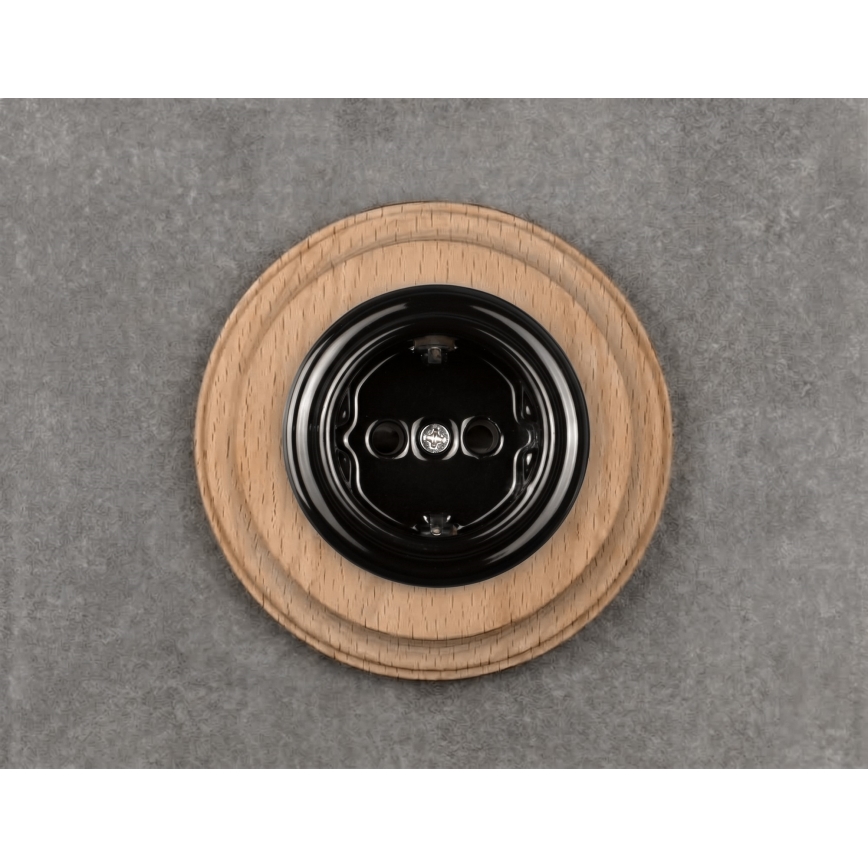 Elhard - Ceramiczne retro gniazdo domowe z ramką SCHUKO 230V czarne/jasne drewno